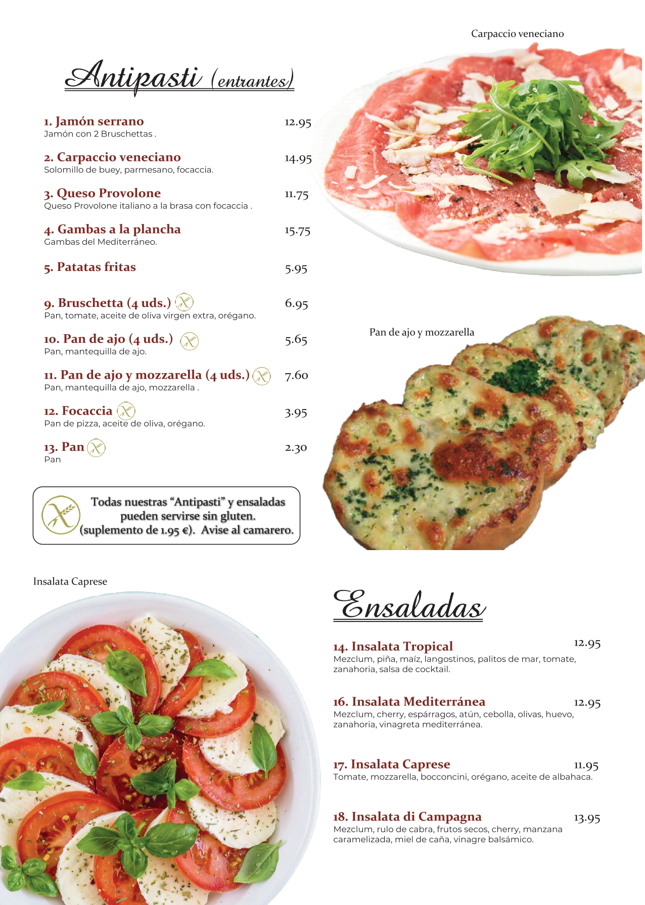 Antipasti ensaladas carta restaurante Spaghettihouse Salou