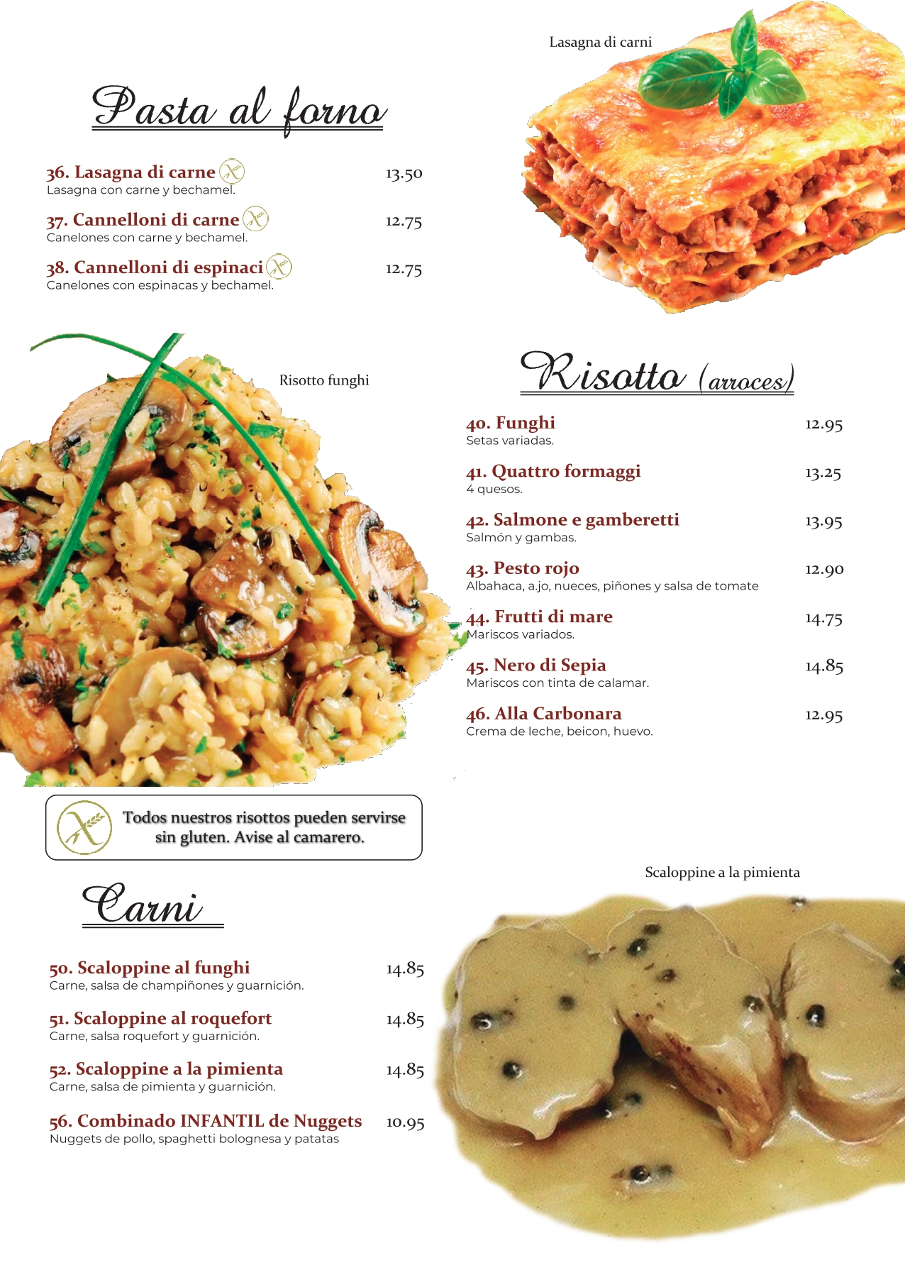 Carnes Pastas al horno y risotto carta restaurante Spaghettihouse Salou